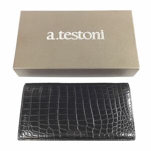 【ア・テストーニ】本物 a.testoni クロコダイル 長財布 無双仕立て マチ有り 黒 札入れ ワニ革 男性用 メンズ 箱有 送料520円