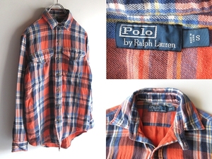 Polo by Ralph Lauren ラルフローレン チンスト付 ウッドボタン コットンダブルガーゼ フランネル チェックシャツ ワークシャツ S オレンジ