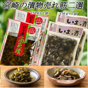 『宮崎の漬物』 売れ筋二選 ピリ辛高菜150g×2袋 しば漬150g×2袋 宮崎県産野菜 乳酸発酵 ご飯のお供 食卓に常備 きゅうり たかな 送料無料