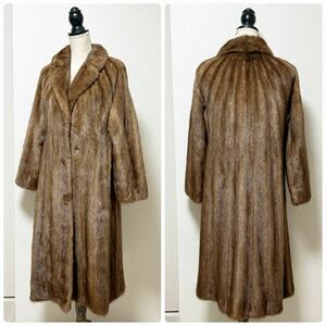 c975【デミバフミンク】Aライン マキシ丈 ロングコート 着丈116 高級 毛皮 MINK ボリューム 裾広 幅広 上質毛並み リアルファー ブラウン茶