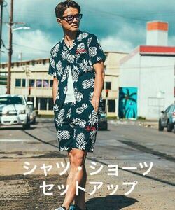 新品★完売★クライミーCRIMIE ALOHA PINEAPPLE セットアップ SHIRT SHORTS★パイナップルアロハ シャツ ショーツ Mサイズ 総柄 ネイビー