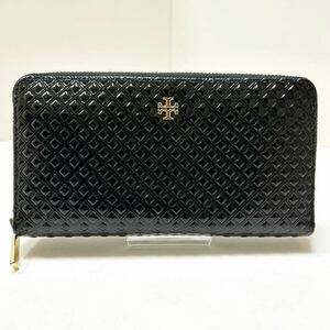 ◆TORY BURCH トリーバーチ　31132　ラウンドジップ 長財布◆　羊革　ロゴ金具　小銭入れ有　ブラック【USED】 0705-L1