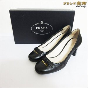 *PRADA プラダ パンプス チャンキー ヒール リボン ギャザー シワ加工 レザー×ゴールド金具 36 ブラック*送料込