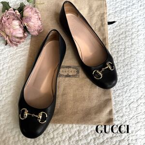 美品 グッチ GUCCI フラットシューズ 36 レザー 黒 レディース ホースビット 靴 ゴールド金具 23cm