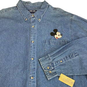 新品 Dead Stock Disney ミッキー × CHEROKEE デニム ボタンダウンシャツ XL ディズニー Mickey 刺繍 ミッキー ワンポイント 長袖 シャツ