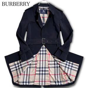 Lサイズ 【極美品】 BURBERRY LONDON バーバリーロンドン トレンチコート シングル 裏地ノバチェック ステンカラーコート ロングコート 黒