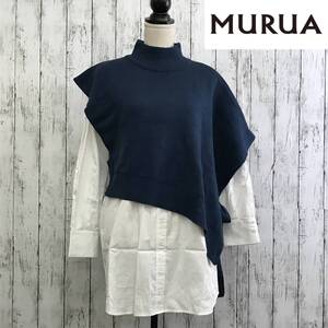 MURUA 　ムルーア　ベストレイヤードシャツワンピース　Fサイズ　ブルー　絶妙な丈感　S5.5-192　USED