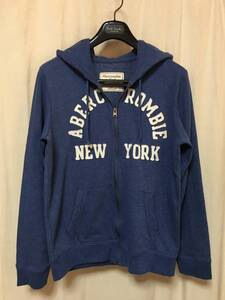 ABERCROMBIE&FITCH アバクロンビーアンドフィッチ 裏起毛前ジップパーカー ブルーグレー系 ロゴアップリケ S 中古品