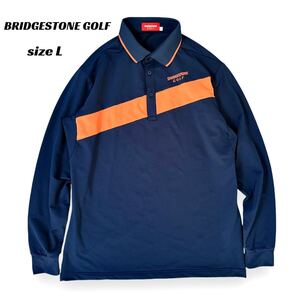 極美品 BRIDGESTONE GOLF 長袖 ストレッチ シャツ ポロシャツ ブリヂストン ゴルフ ネイビー オレンジ メンズ ウェア トップス L