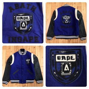 EBBETS FIELD FLANNELS × BAPE LOGO 袖レザー スタジャン Mサイズ ネイビー a bathing ape leather varsity jacket エイプ ベイプ NIGO i9