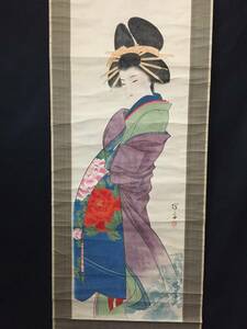 掛軸 美人画 肉筆 明治 在銘 紙本 日本画 和服 浮世画 骨董品 (和本 古文書