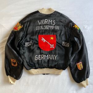 Special! 50s Germany Souvenir Jacket ビンテージ ブラック サテン ミリタリー 刺繍 ワッペン ドイツ スーベニア ジャケット スカジャン