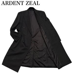 1円 【新品同様/超高級】 ARDENT ZEAL アーダントジール カシミヤ50% ダブル チェスターコート ロングコート ピークドラペル XL ブラック