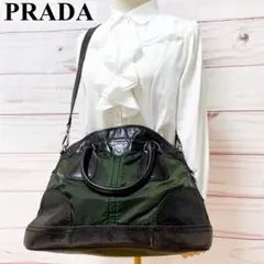 【美品】PRADA プラダ 2way ショルダーバッグ 三角ロゴ グリーン系