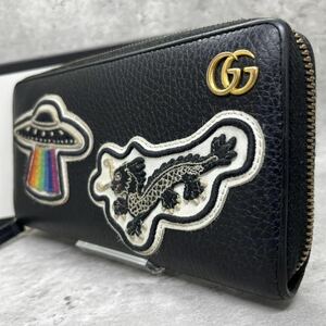 【希少/極美品】 GUCCI グッチ 長財布 ラウンドファスナー クーリエ UFO GGマーモント ブラック 黒 レザー メンズ ビジネス 小銭入れ