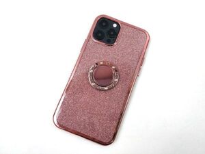 iPhone 12 Pro用 スマホリング付き ラインストーン キラキラ ソフトカバー ケース ピンク