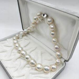 【テリ強!!】本真珠 大珠 パール ネックレス 13.5mm〜15.5mm 46cm SILVER 刻印 117.5g pearl jewelry necklace 干渉色