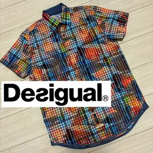 美品■Desigual■チェック フローラル 花柄 ボタニカル 半袖 シャツ M ブルー オレンジ 赤 レギュラーフィット la vida es chula