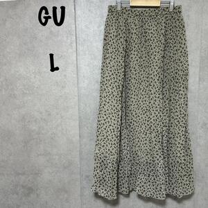 【GU】（L）ロングスカート＊レオパード＊プリーツ＊サラサラ生地＊ウエストゴム