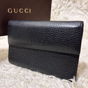 1円〜 【未使用級】 希少品 GUCCI グッチ 折り財布 ウォレット メンズ レディース ロゴ型押し GG ブラック レザー シボ革 高級感 黒