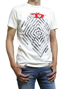 新品 直輸入 DIESEL フロッキー「D」& 幾何学プリント スリムフィット 半袖Ｔシャツ T-DIEGOR-C16 ホワイト Sサイズ ポスト投函配送