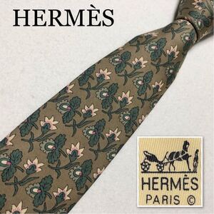 HERMES エルメス　ネクタイ　花柄　総柄　シルク100% フランス製　カーキ　ビジネス