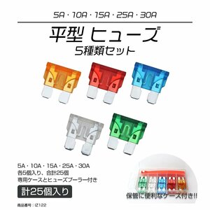 平型ヒューズセット 5A・10A・15A・25A・30A 5種類 各5個 合計25個セット 引抜工具付 IZ122