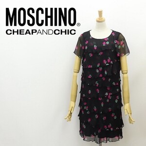 ◆MOSCHINO CHEAP AND CHIC モスキーノ チープ＆シック シルク100％ イチゴ柄 シアー シフォン ティアード ワンピース 黒 ブラック 40