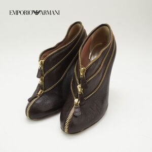 EMPORIO ARMANI エンポリオアルマーニ 37 23.5 ブーティー イタリア製 ヒール ジップデザイン レザー ブラウン/QC60