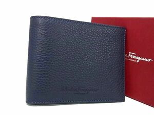 1円 ■極美品■ Salvatore Ferragamo フェラガモ レザー 二つ折り 財布 ウォレット メンズ ネイビー系 BL1378