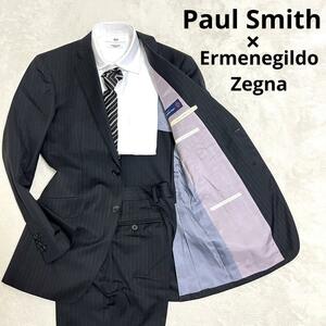 【王者の風格】535 Paul Smith ポールスミス × Ermenegildo Zegna エルメネジルド ゼニア セットアップスーツ ブラック S ストライプ