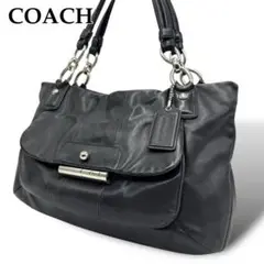 美品 COACH トートバッグ 肩掛け ロゴ入りチャーム付 レザー BLACK