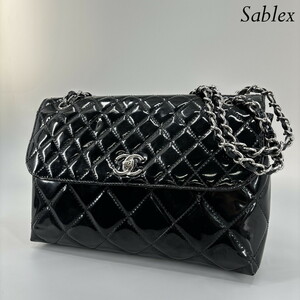 1円【超極美品】シャネル CHANEL マトラッセ ダブルチェーン ショルダーバッグ ブラック エナメル パテントレザー 黒 シール有