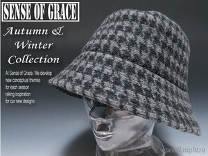 grace★千鳥格子柄ウール混バケットハット【黒】新品 定価￥4900 サイズ調節可能 男女兼用 折りたたみ可能 UV99%CUT ニットハット