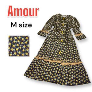 ビンテージ Amour 昭和レトロ 花柄 バラ ガウンコート ナイトウエア 古着 USED レディース 婦人服 70年代 80年代 匿名配送