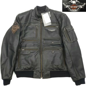 未使用タグ付き8万円◆HARLEY-DAVIDSON◆Mレザーライダースジャケット黒シングル本皮ハーレーダビッドソン刺繍ミリタリー本革ジャン 771