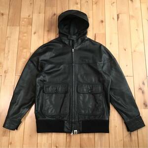 BAPE 牛革 ジップ パーカー ジャケット Sサイズ black a bathing ape BAPE cowhide leather zip hoodie jacket エイプ ベイプ レザー i3445