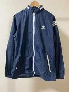 adidas アディダス ナイロン ジャケット size L紺×白 フード 三つ葉 デサント DESCENTE ナイロンジャケット ネイビー 紺色