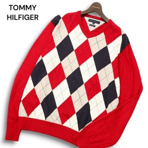 TOMMY HILFIGER トミーヒルフィガー 秋冬★ Vネック アーガイル ウール混 コットン ニット セーター Sz.XL メンズ　C4T09619_A#K