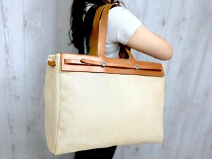 極美品 HERMES エルメス エールバッグ カバ トートバッグ ハンドバッグ ショルダーバッグ トワルアッシュ キャンバス×レザー 茶A4可 73385