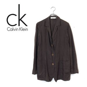 1N1489-O◆イタリア製◆ Calvin Klein カルバンクライン リネンジャケット シアー 薄手 裏地なし アウター◆size4 麻 ブラウン