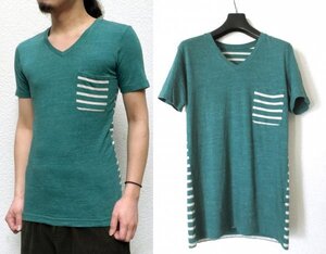 定価1.6万 1 PIU 1 UGUALE 3 HALF BORDER GRAFTING V-NECK ボーダー ポケットTシャツ 3 グリーン Vネック 1piu1uguale3※レターパック無料