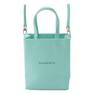 【ティファニー】Tiffany　ロゴ ミニショッピングトート 2way レザー ショルダー ハンドバッグ ターコイズブルー 【中古】208628