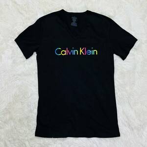 YT1839 Calvin Klein カルバンクライン レインボーカラー ロゴプリント Vネック Tシャツ Sサイズ 半袖 ブラック コットンストレッチ