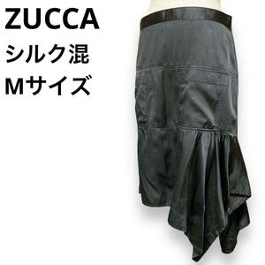 ZUCCA ズッカ アシンメトリー 光沢スカート レディース Mサイズ ネオモード ミディ丈 オールブラック 黒色 膝下丈 送料無料 フレアスカート