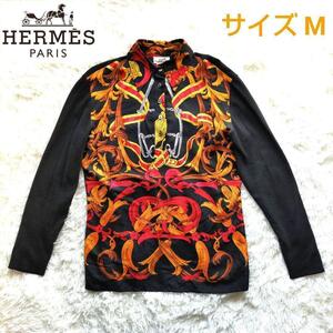 【美品】HERMES エルメス ヴィンテージ シルク×コットン スカーフ柄ドッキング 切替ニット シャツ ブラウス 長袖カットソー 総柄 M