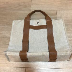 即決★送料込 エルメス トートバッグ HERMES サックアーネMM ハンドバッグ キャンバス×レザー 茶系　ナチュラルゴールド 廃盤 シェーブル