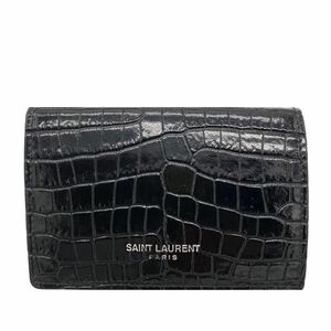 サンローラン SAINT LAURENT 3つ折り財布 クロコ 型押し 黒 ブラック 財布 コンパクト ウォレット 小銭入れあり 人気