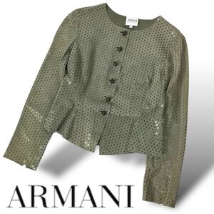 s183 ARMANI COLLEZIONI 2006 アルマーニ レザー ドット ノーカラー ジャケット ドットテープ フォーマル アウター 42 Vintage 正規品