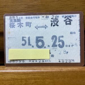 東急電鉄（初期磁気券）通勤定期券　１か月　東急線桜木町-渋谷　昭和51年 桜木町駅発行